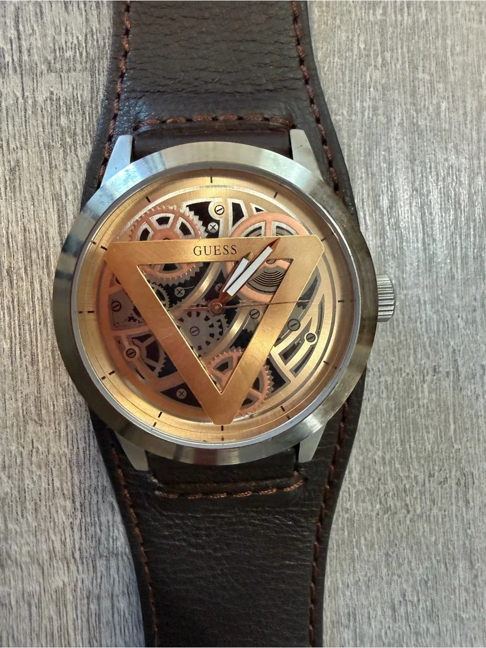 GUESS Men’s Skeleton-Style Watch Rose Gold Dial Brown Genuine Leather Band